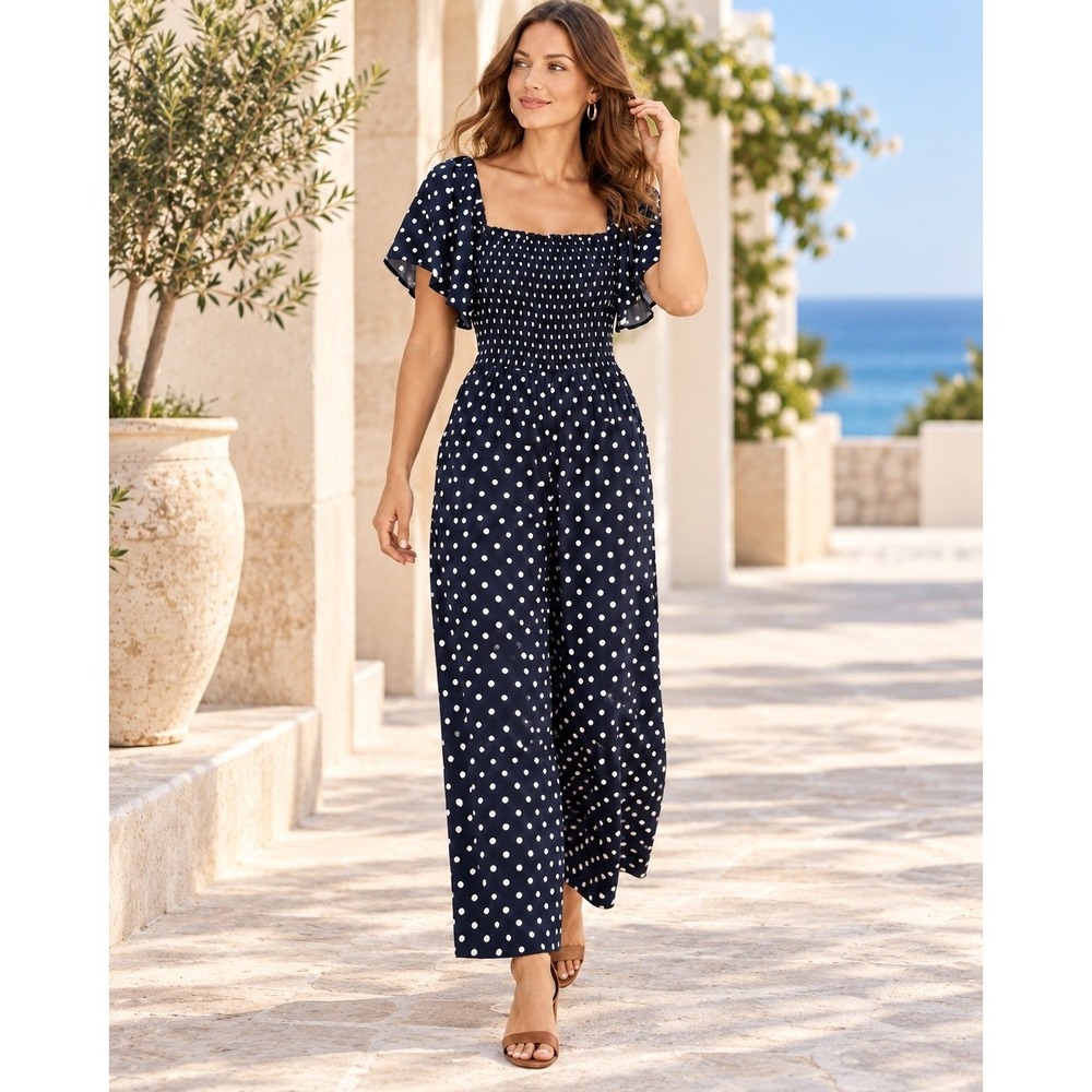 Tommy Hilfiger L Navy Polka Dot Smocked Wide Leg Flutter Sleeve Jumpsuit